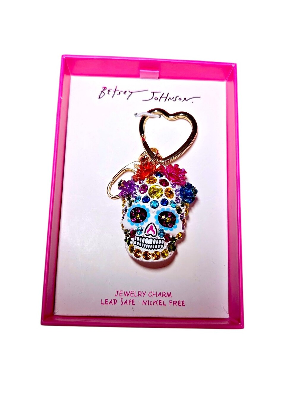 Betsey Johnson Halloween Jewel Encrusted Sugar Skull Keychain Bag Charm, NIB